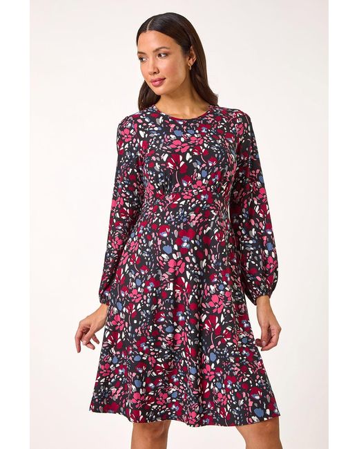 Roman Red Floral Print Ruched Stretch Dress