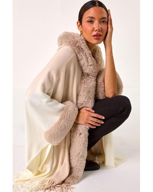 Roman Natural Faux Fur Fringe Hem Poncho