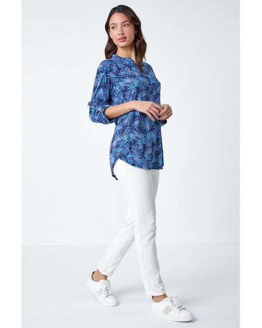 Roman Blue Leaf Print V-Neck Stretch Jersey Blouse