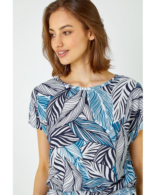 Roman Blue Metallic Leaf Print Stretch Top