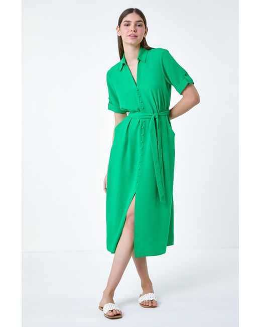 Roman Green Textured Belted Midi Shirt Dress