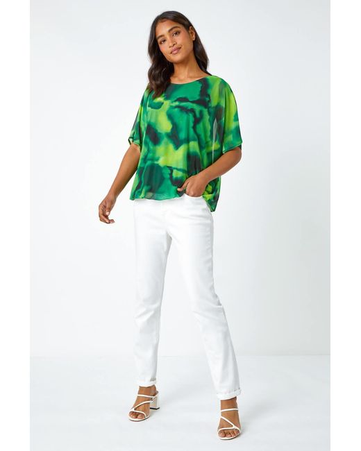 Roman Green Printed Mesh Overlay Batwing Top