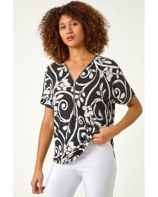Roman Black Textured Print Zip Detail Top