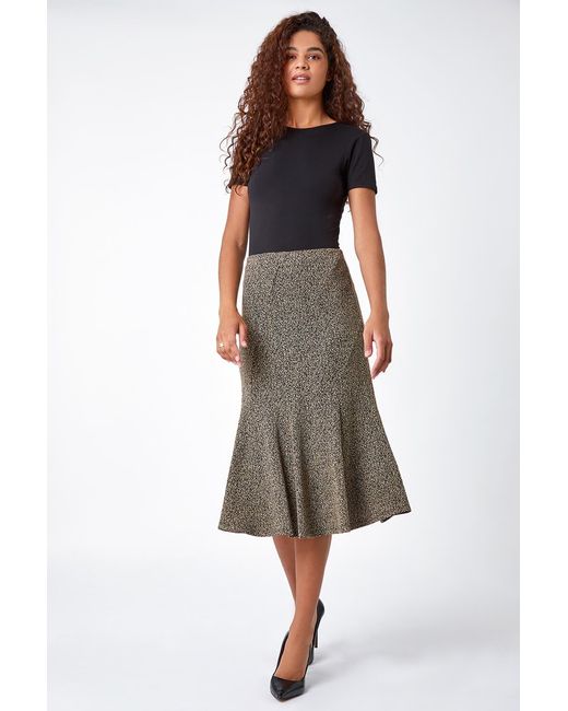 Roman Natural Flared Textured Midi Elastic Waist Skirt