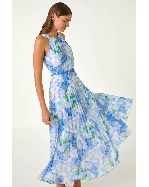 Roman Blue Floral Print Pleated Maxi Dress
