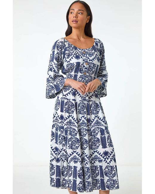 Roman Petite Blue Abstract Print Button Midi Dress