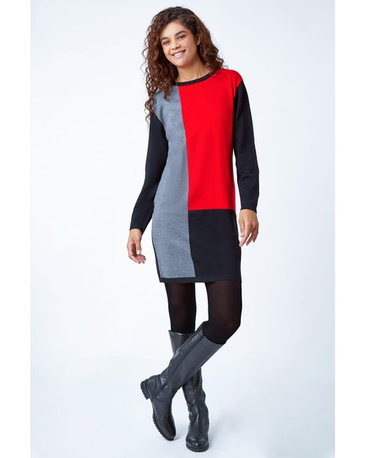 Roman Red Colour Block Knitted Jumper Dress
