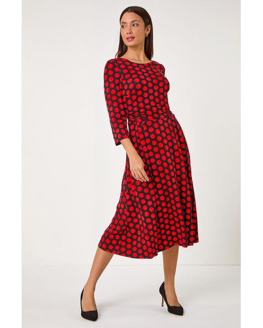 Roman Polka Dot Gathered Stretch Dress