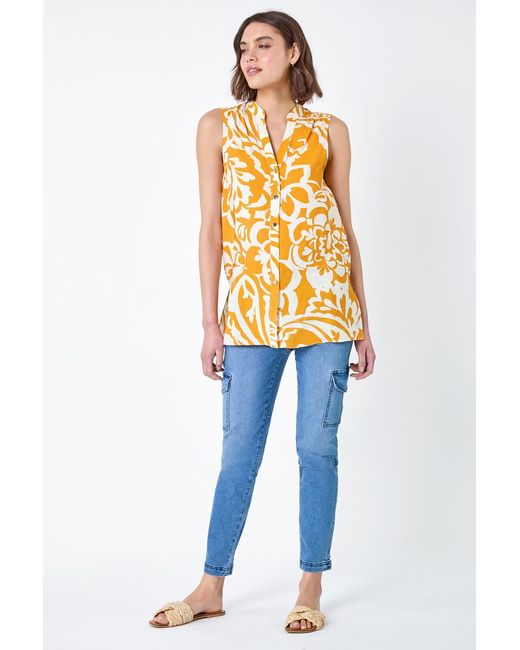 Roman Orange Floral Print Sleeveless V-Neck Button Blouse