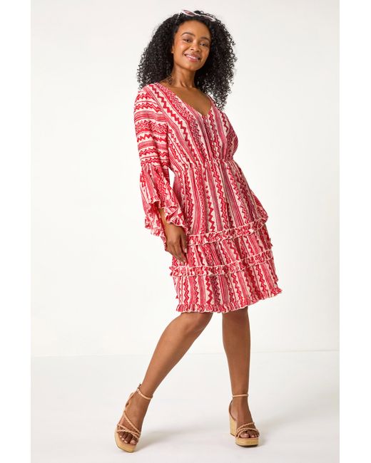 Roman Petite Aztec Print Flared Sleeve Dress