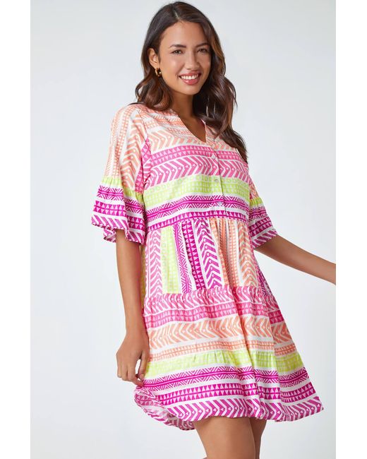 Roman Pink Aztec Print Smock Dress