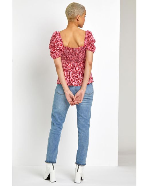 D.u.s.k Red Ditsy Floral Tie Neck Peplum Top