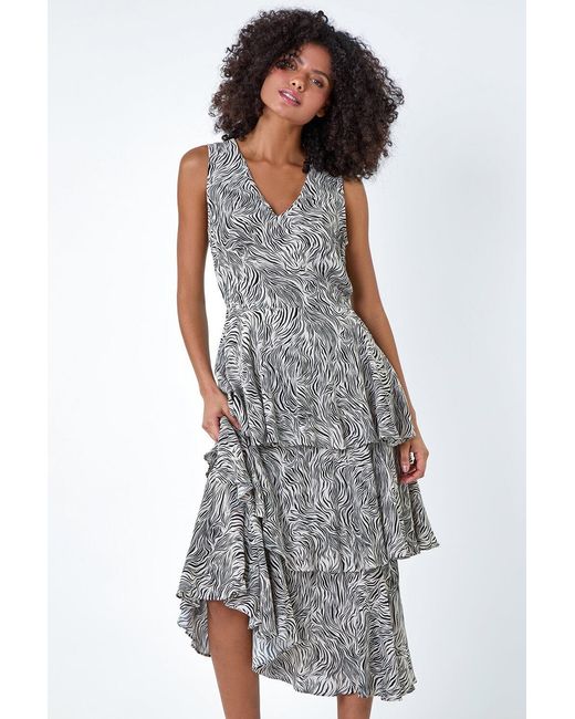 D.u.s.k White Abstract Zebra Print Tiered Midi Dress