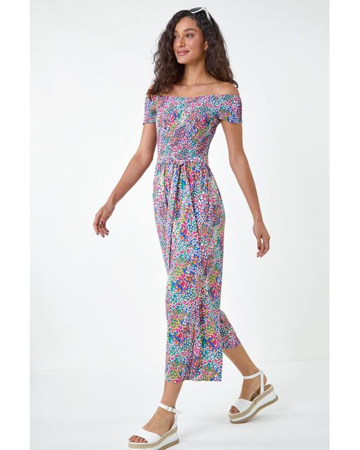 D.u.s.k White Floral Shirred Stretch Bardot Jumpsuit