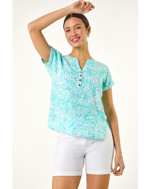 Roman Blue Leaf Print V-Neck Button Top
