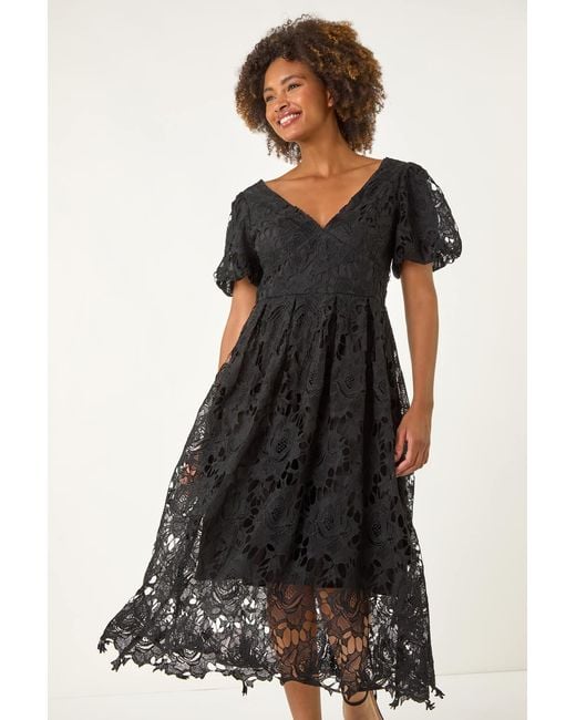 Roman Black Crochet Lace V-Neck Midi Dress