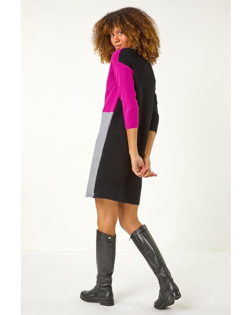 Roman Pink Colour Block Ribbed Knit Dress
