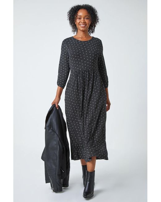 Roman Petite Black Spot Pocket Stretch Ruched Midi Dress