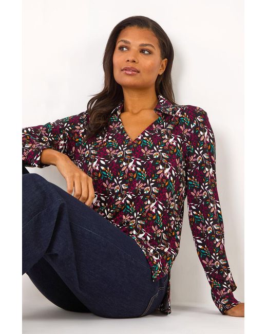 Roman Blue Leaf Print Collared Stretch Top