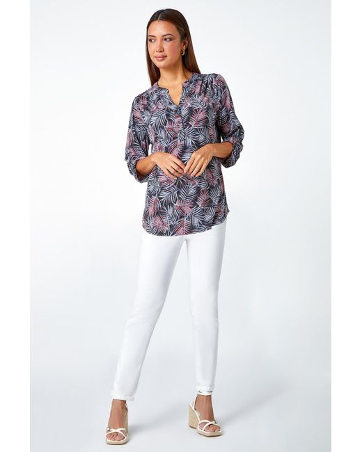 Roman Blue Leaf Print Stretch V-Neck Blouse