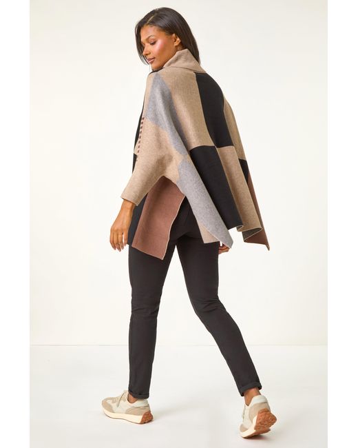 Roman Natural Check Colour Block Knit Poncho