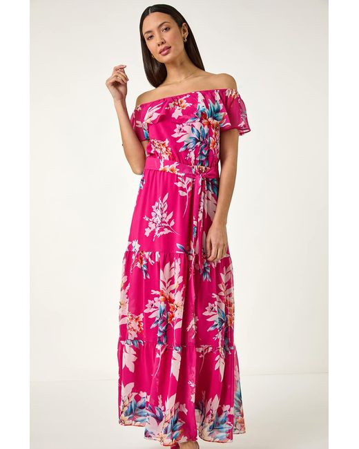 Roman Red Floral Print Bardot Belted Maxi Dress