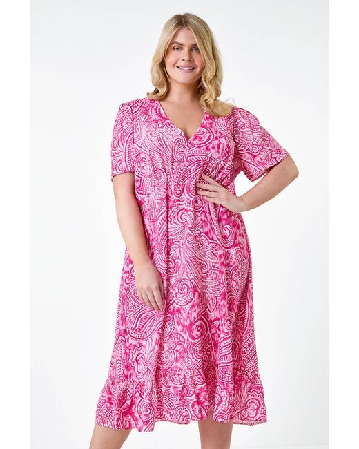 Roman Curve Pink Paisley Tiered Frill Midi Dress