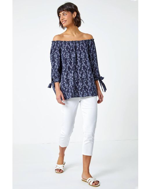 Roman Blue Ditsy Floral Print Bardot Top