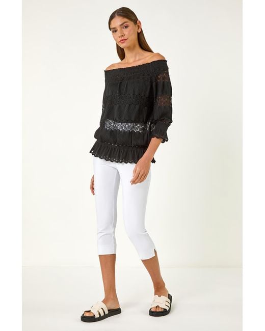 Roman Black Lace Insert Frill Bardot Top