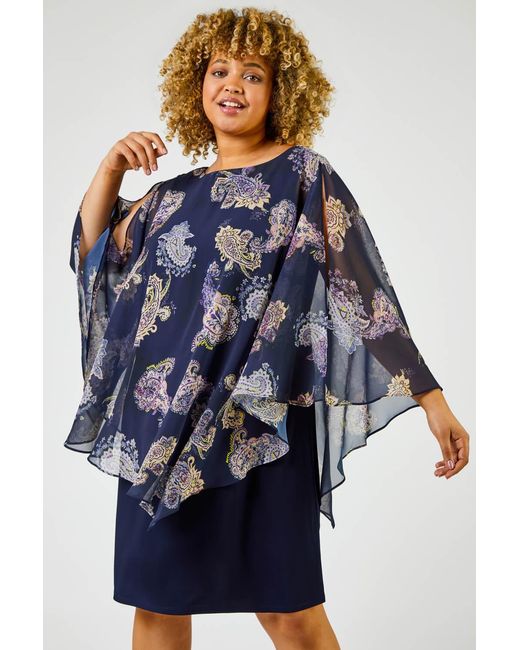 Roman Curve Blue Paisley Chiffon Overlay Asymmetric Dress