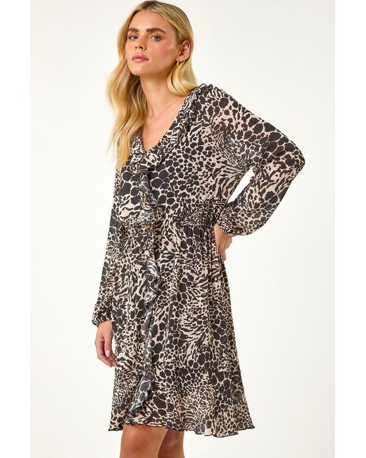 Roman Petite Black Animal Print Frill Dress
