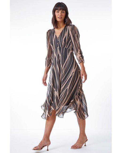 Roman Black Abstract Chiffon Wrap Asymmetric Midi Dress