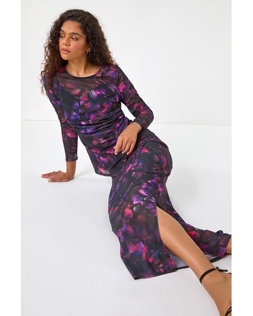 Roman Purple Printed Ruched Mesh Pencil Skirt