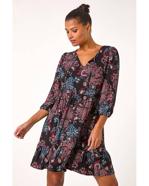 Roman Black Paisley Tie Frill Dress