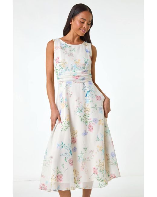 Roman Petite White Floral Gathered Waist Midi Dress