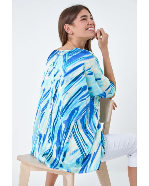 Roman Blue Abstract Stripe Button Back Top