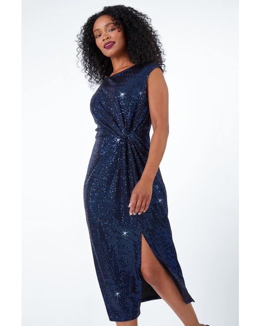 Roman Petite Blue Ruched Glitter Midi Dress