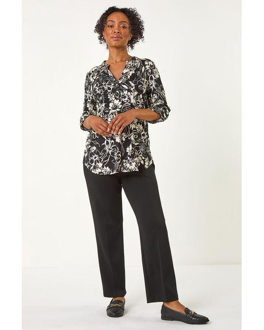Roman Petite Black Floral Print Pintuck Pleat Top