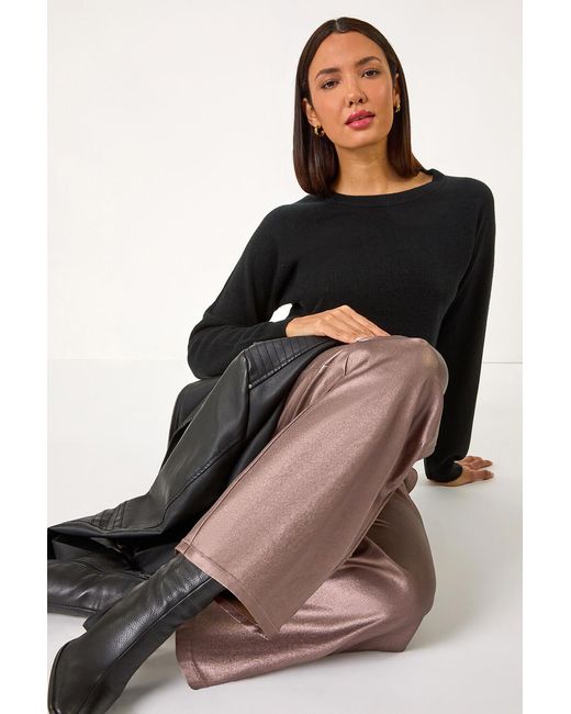 Roman Black Metallic Coated Wide Leg Cropped Trouser