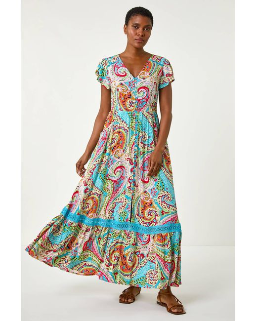 Roman White Paisley Print Shirred Waist Maxi Dress