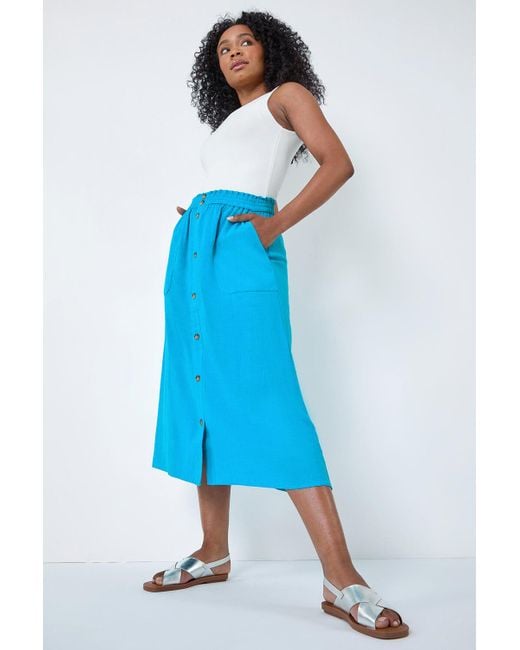 Roman Blue Petite Linen Blend Button Midi Skirt