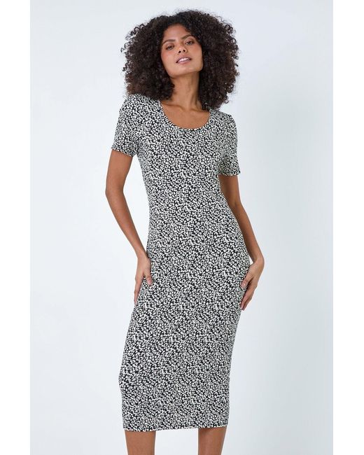D.u.s.k Gray Animal Print Midi Stretch Dress