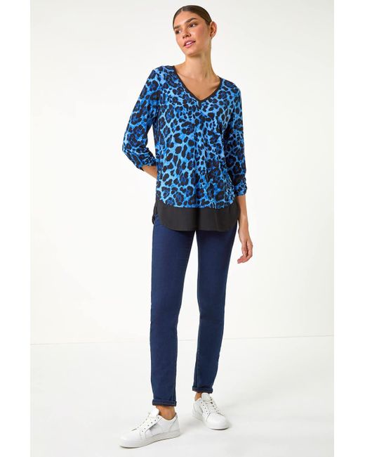 Roman Blue Animal Print Contrast Border Print Top