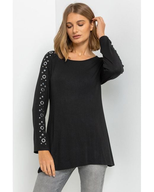 Roman Black Eyelet Embellished Sleeve Jersey Top