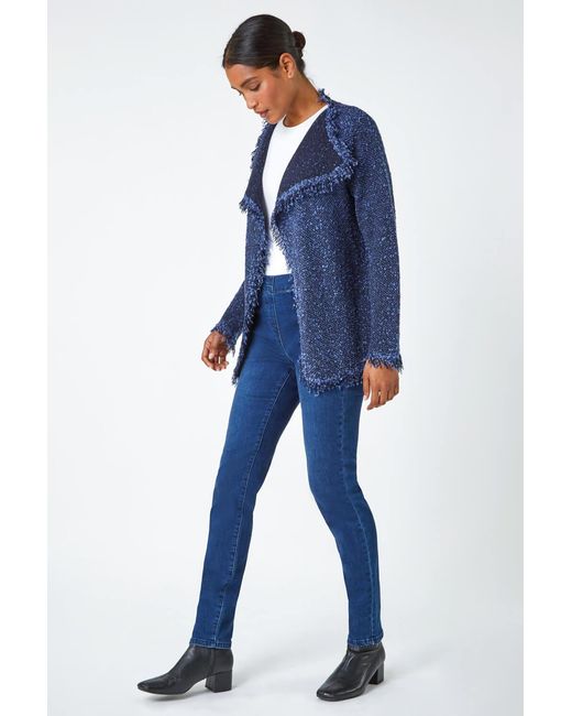 Roman Blue Fringed Boucle Contrast Cardigan