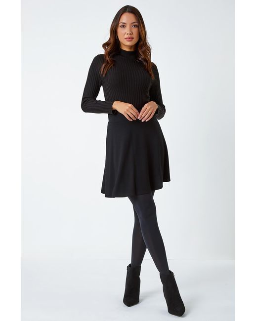 Roman Black Elastic Waist Stretch A Line Skater Skirt