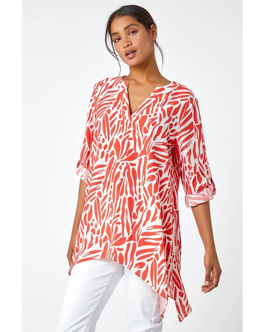 Roman Red Spot Print V-Neck Hanky Hem Tunic Top