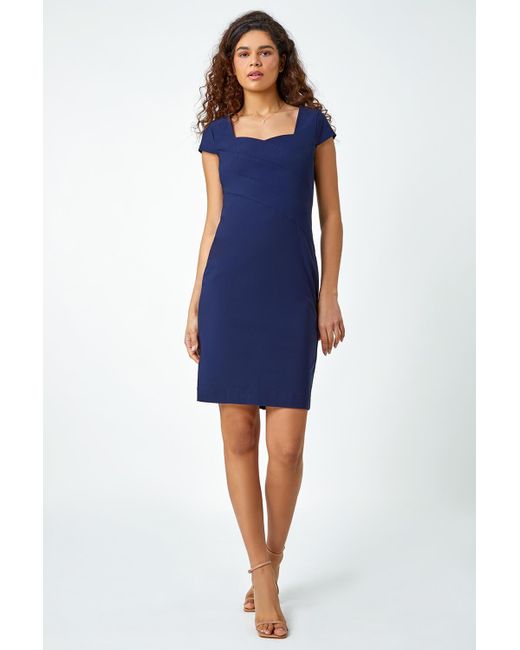 Roman Blue Sweetheart Neck Fitted Stretch Dress