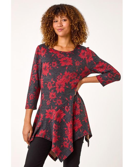 Roman Red Floral Print Hanky Hem Tunic Top