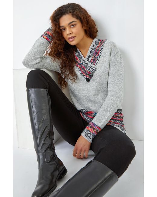 Roman Gray Nordic Print Button Detail V-Neck Jumper